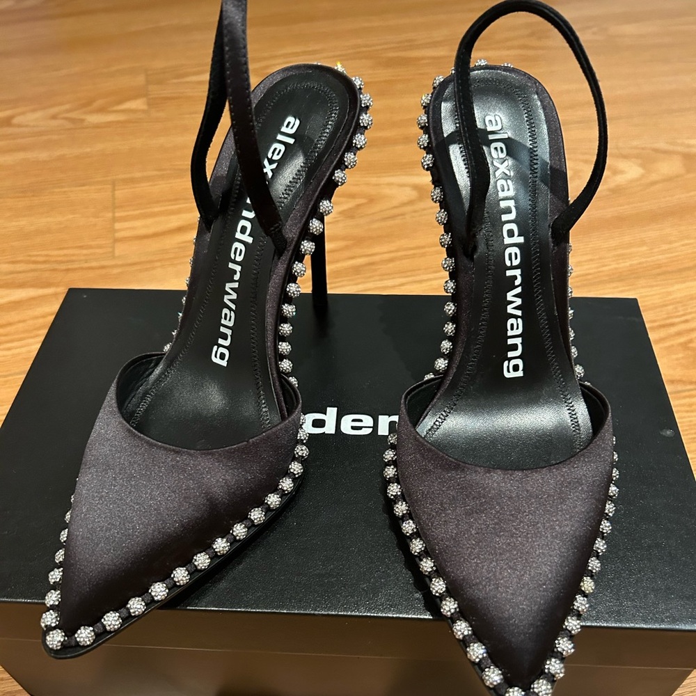Alexander Wang Satin pointed-toe slingback pumps with crystal embellishments US8